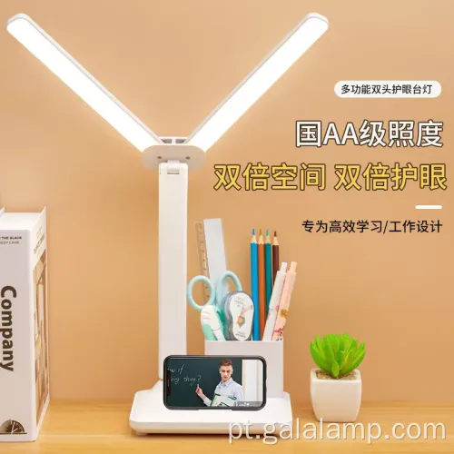 Lâmpada de mesa de cabeça dupla recarregável para conforto para os olhos